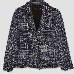 Zara tweed blazer, blue/black, large pearl buttons